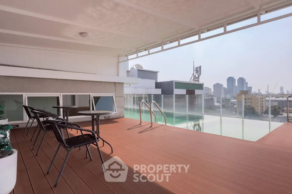 Stunning rooftop pool area with city skyline views and stylish seating, perfect for relaxation and entertainment.