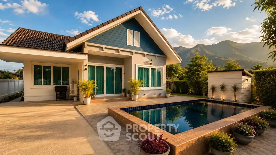Charming single-story home with pool and mountain views, perfect for serene living.