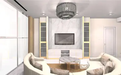 Luxurious living room with marble walls, modern furniture, and elegant chandelier, perfect for upscale urban living.