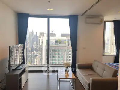 Modern living room with city view and stylish furniture in high-rise apartment