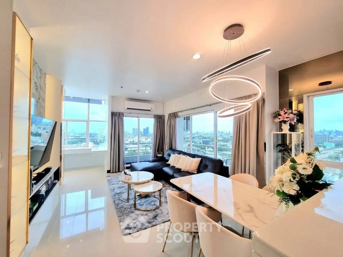 Luxurious modern living room with stunning city view and elegant decor