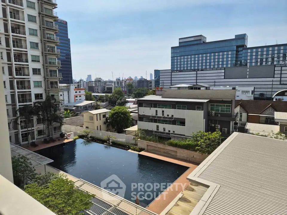 Stunning cityscape view from a high-rise apartment overlooking a serene swimming pool and urban skyline.