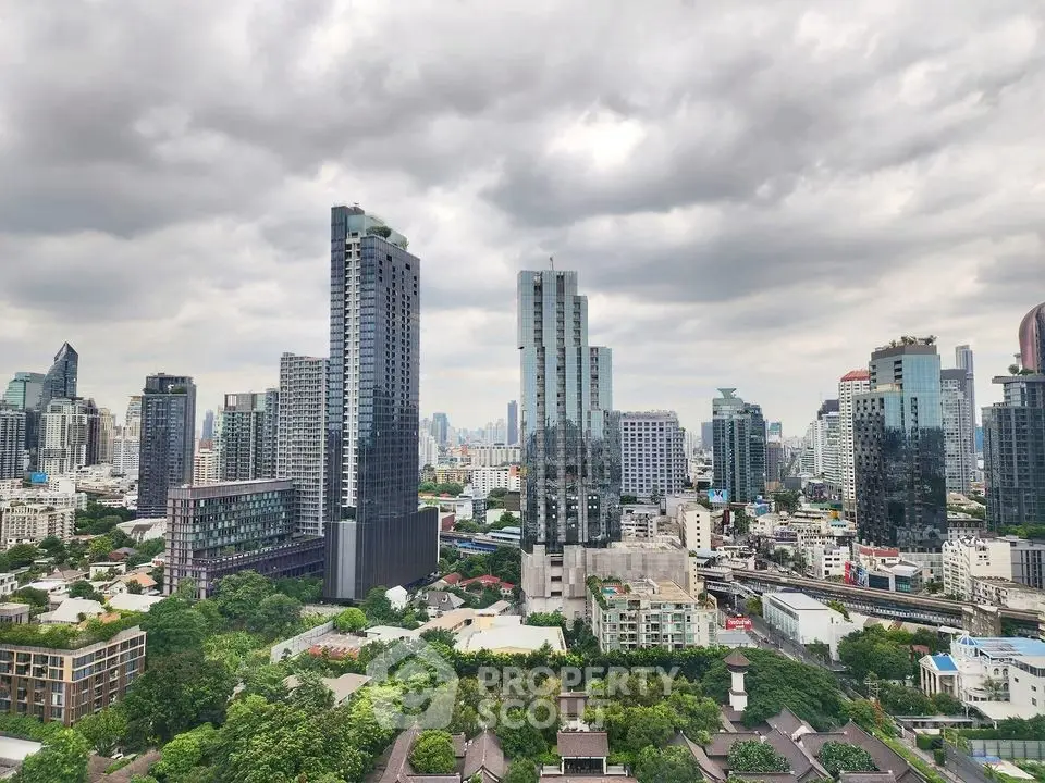 Stunning cityscape view of modern skyscrapers under dramatic cloudy sky