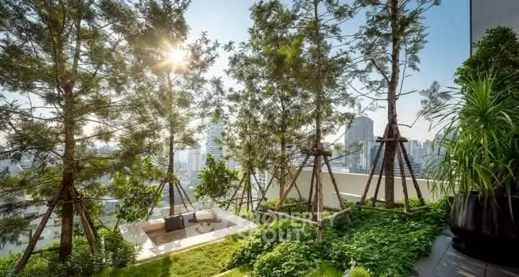 Stunning rooftop garden with city skyline view and lush greenery