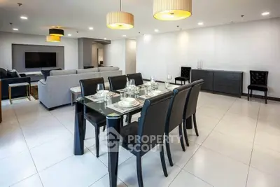 Spacious modern living room with elegant dining area and stylish furniture