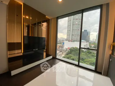 Luxurious living room with stunning city view and modern decor