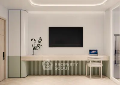 Modern study area with sleek design and wall-mounted TV