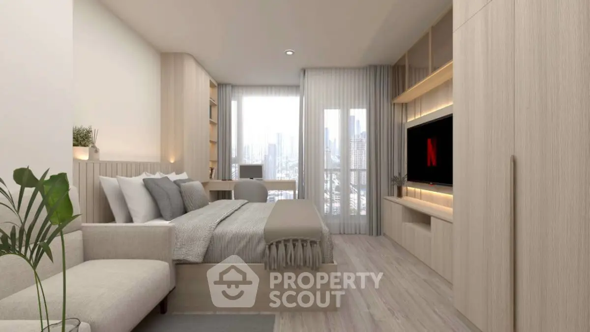 Modern bedroom with city view, featuring sleek design and cozy ambiance.