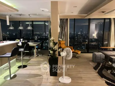Luxurious modern living room with city skyline view, featuring stylish furniture and ambient lighting.