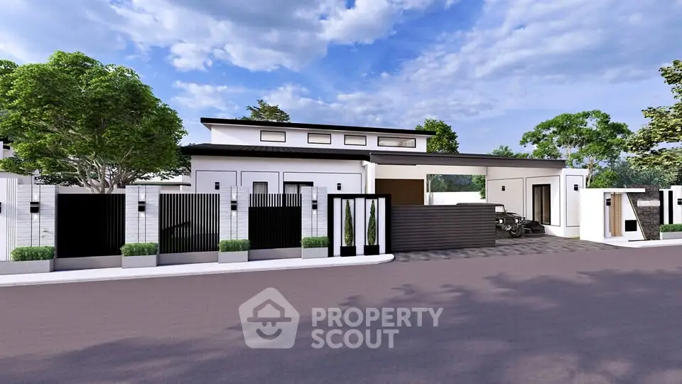 Modern luxury home exterior with sleek design and lush greenery