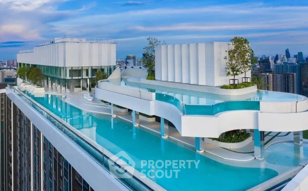 Stunning rooftop pool with panoramic city views in luxury high-rise building.