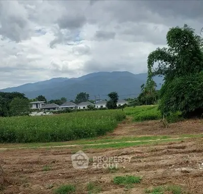 Scenic view of lush green fields with distant mountains and residential houses under a cloudy sky.