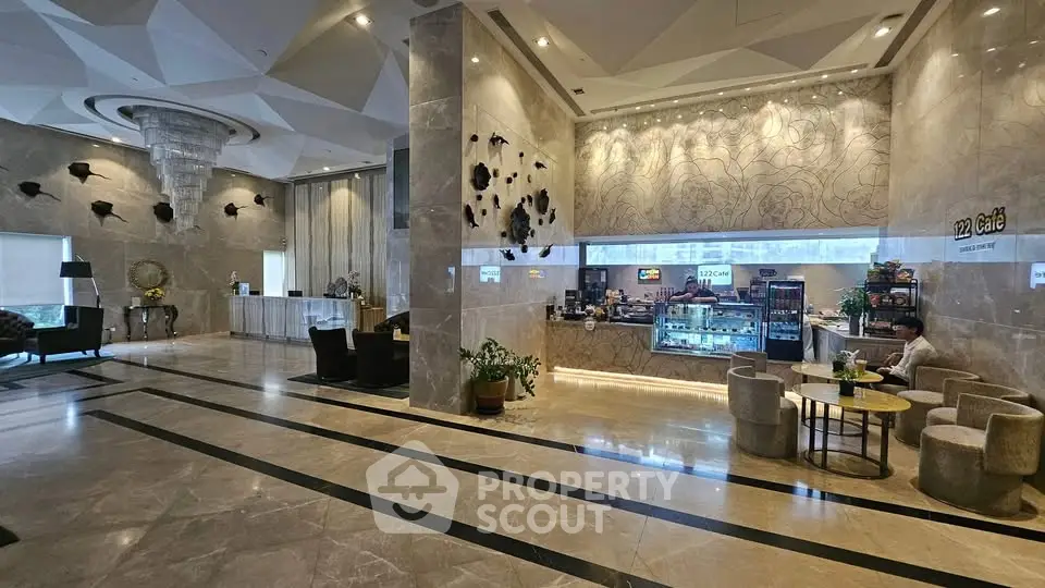 Luxurious hotel lobby with modern decor and elegant seating area