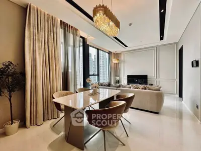 Luxurious modern living room with elegant dining area and stunning city view.