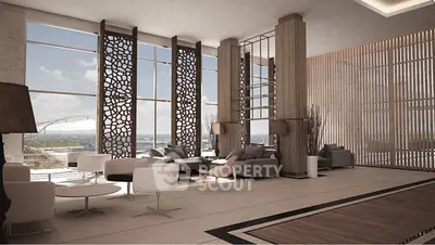 Luxurious modern living room with panoramic city views and elegant decor