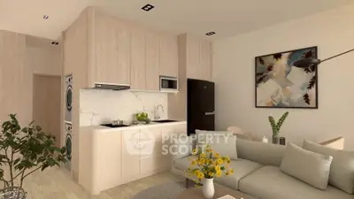 Modern living room with open kitchen, stylish decor, and cozy seating area.