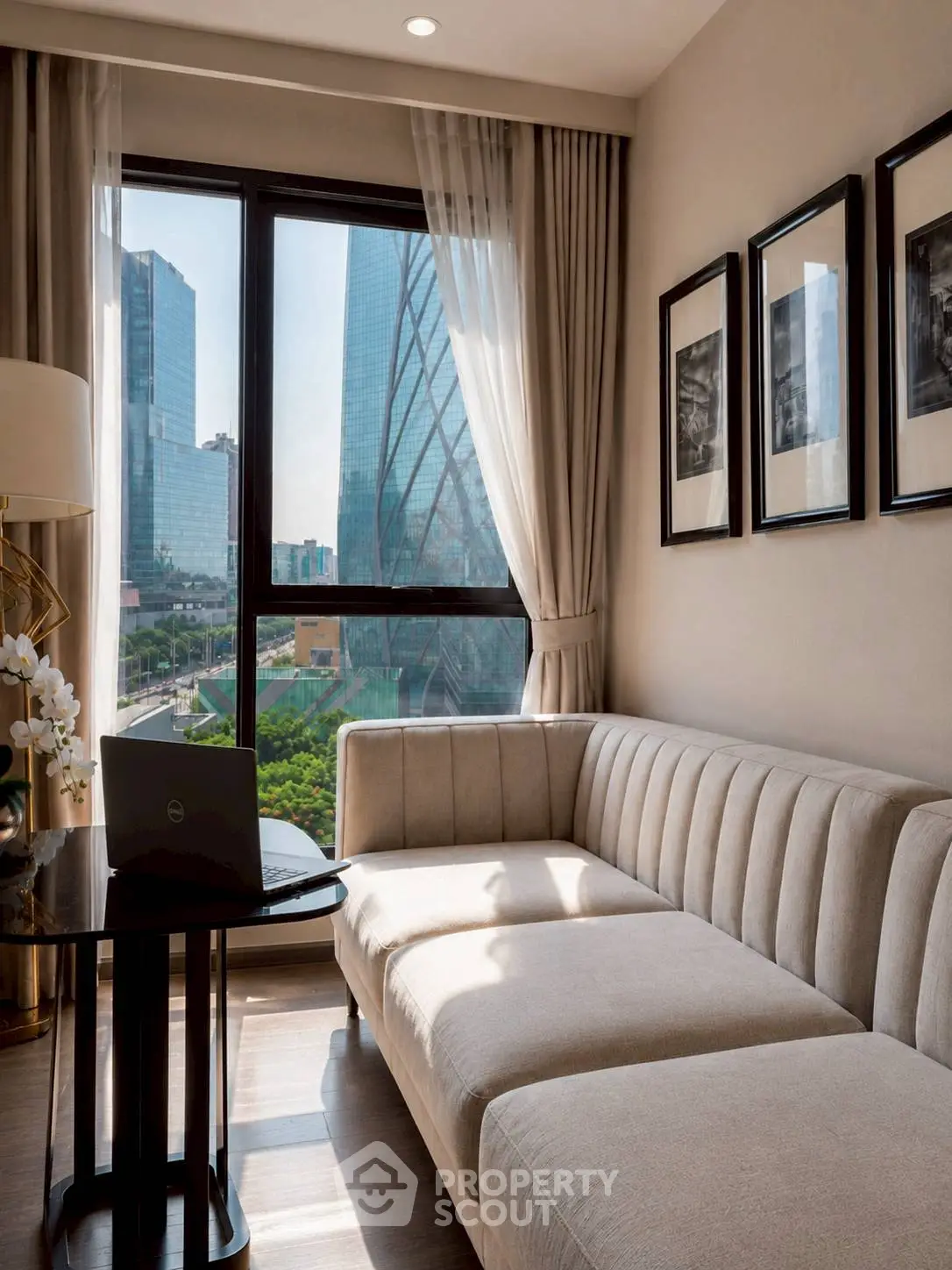 Luxurious living room with stunning city view and elegant decor