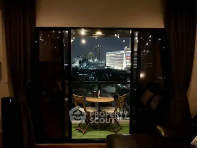 Charming city view from cozy balcony with elegant night lighting