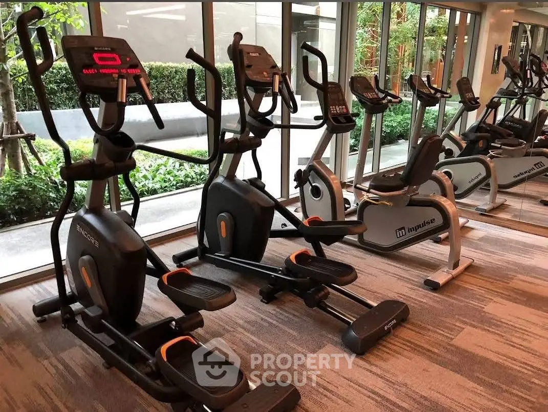 Modern gym with state-of-the-art exercise equipment and large windows for natural light.