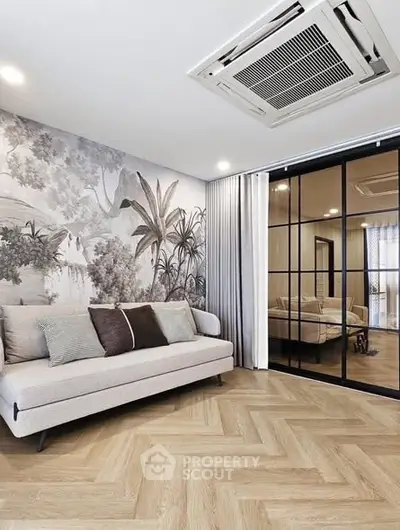 Stylish living room with elegant wallpaper and modern decor