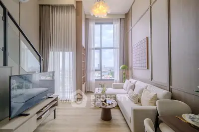 Luxurious high-ceiling living room with modern decor and stunning city view.