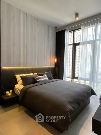 Luxurious modern bedroom with floor-to-ceiling windows and elegant decor