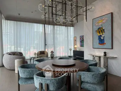 Luxurious modern living room with elegant decor and floor-to-ceiling windows offering stunning city views.