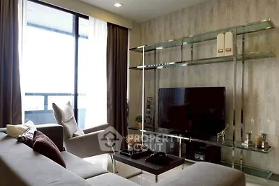 Modern living room with large window and stylish decor