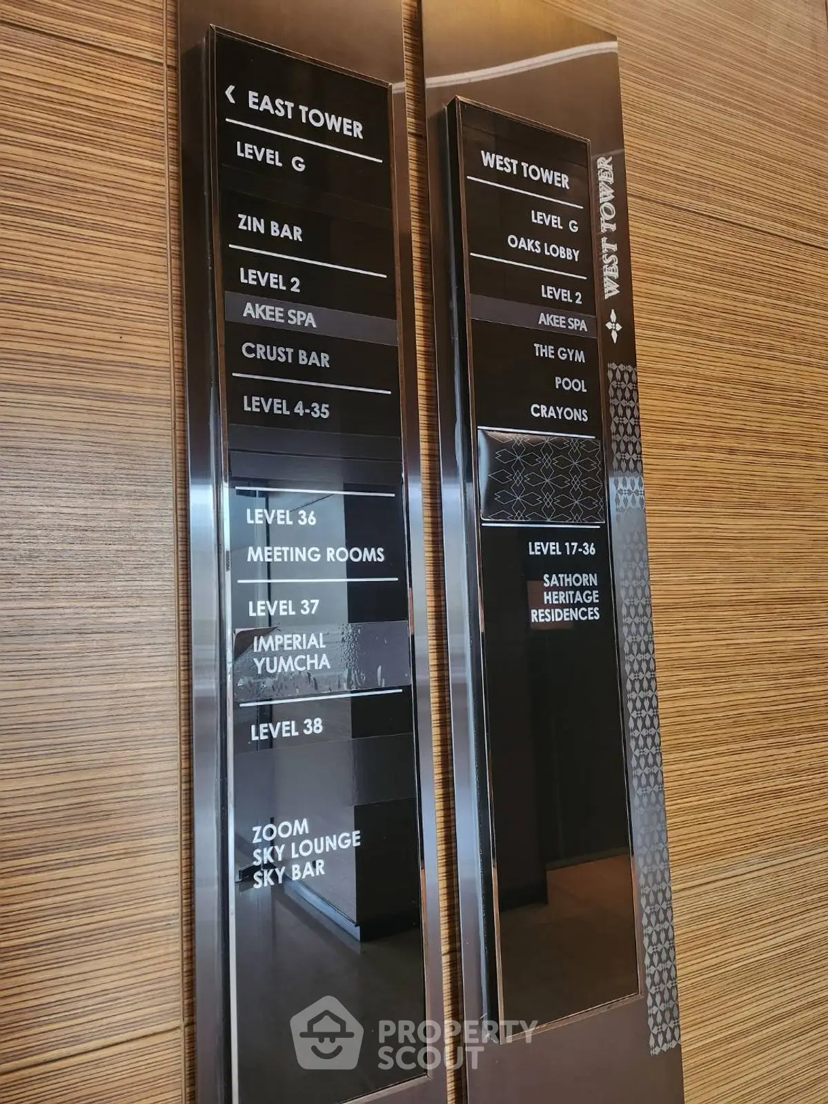 Luxurious high-rise building directory showcasing premium amenities and dining options.