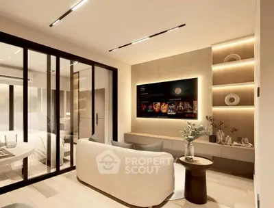 Modern living room with sleek design, glass partition, and built-in shelves, perfect for stylish urban living.