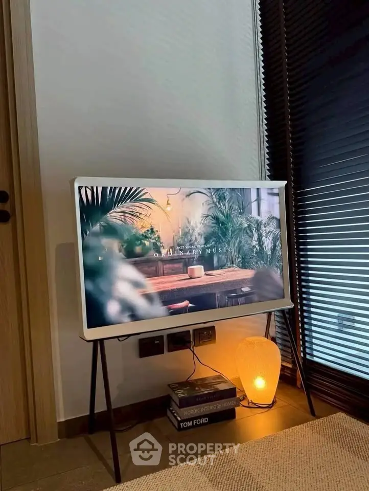 Stylish modern living room with designer TV stand and ambient lighting