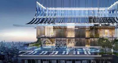 Luxurious high-rise building with stunning rooftop pool and panoramic city views.