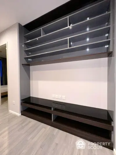 Modern built-in shelving unit in a contemporary apartment interior