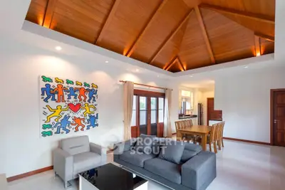 Spacious living room with high wooden ceiling and modern decor