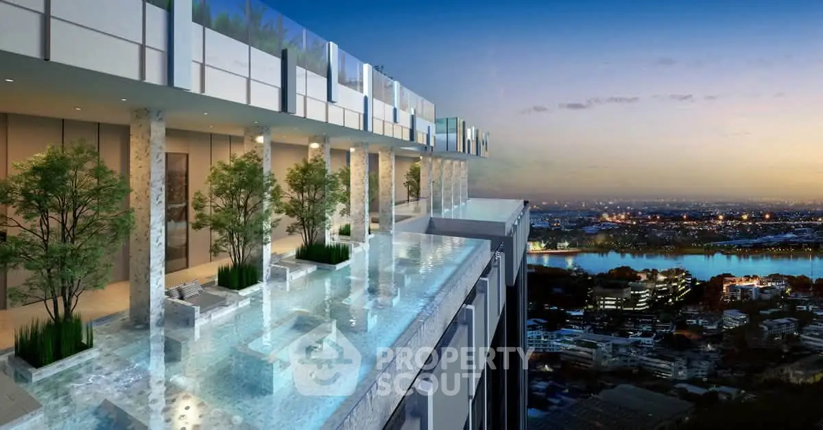 Luxurious rooftop infinity pool with stunning city skyline view at sunset.