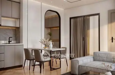 Modern open-plan living room with sleek kitchen and dining area