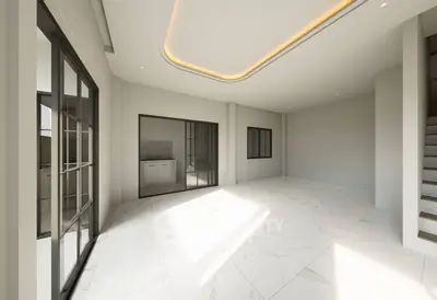 Spacious modern living room with elegant lighting and large windows