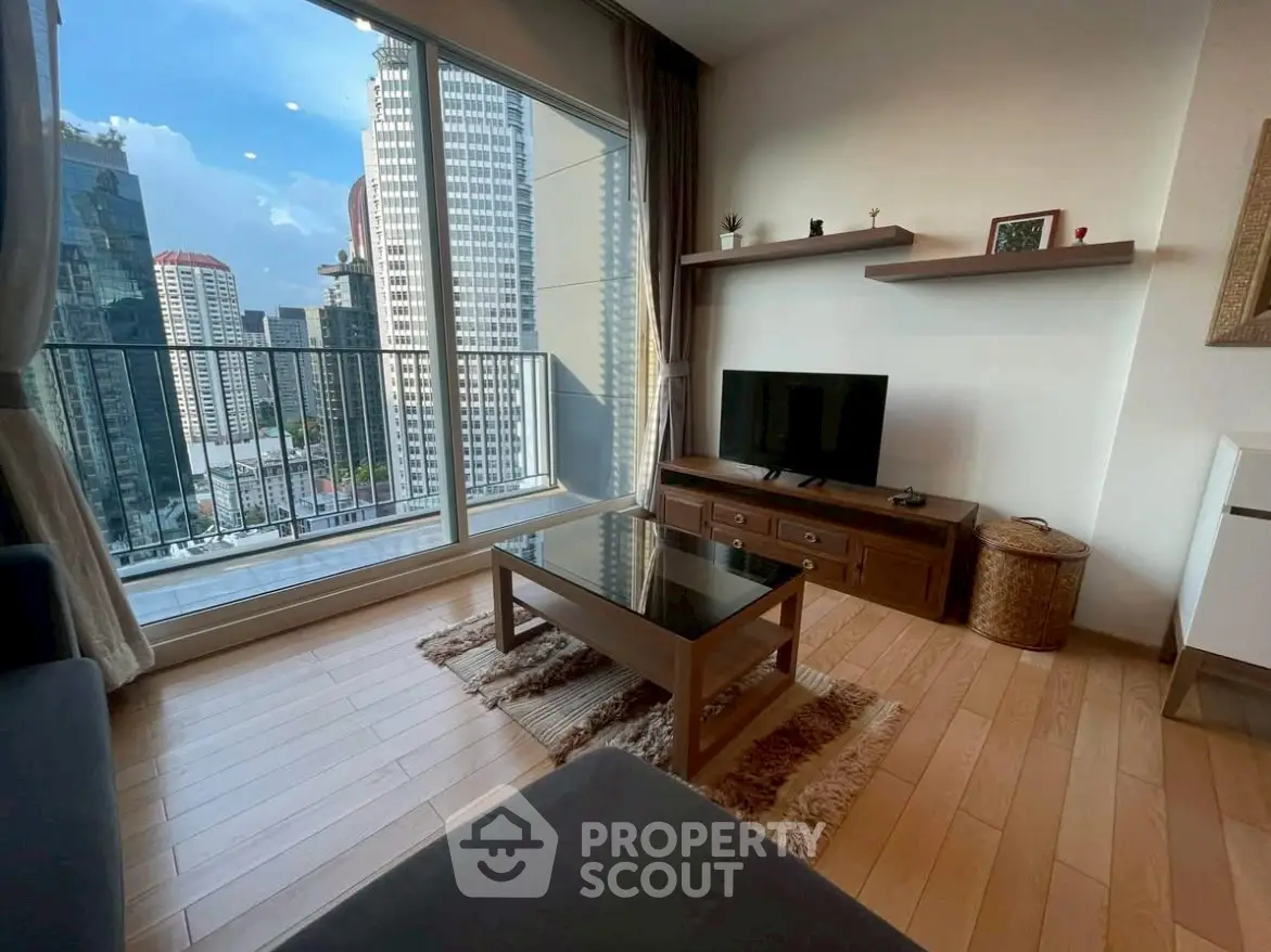 Modern living room with city view and stylish wooden furniture