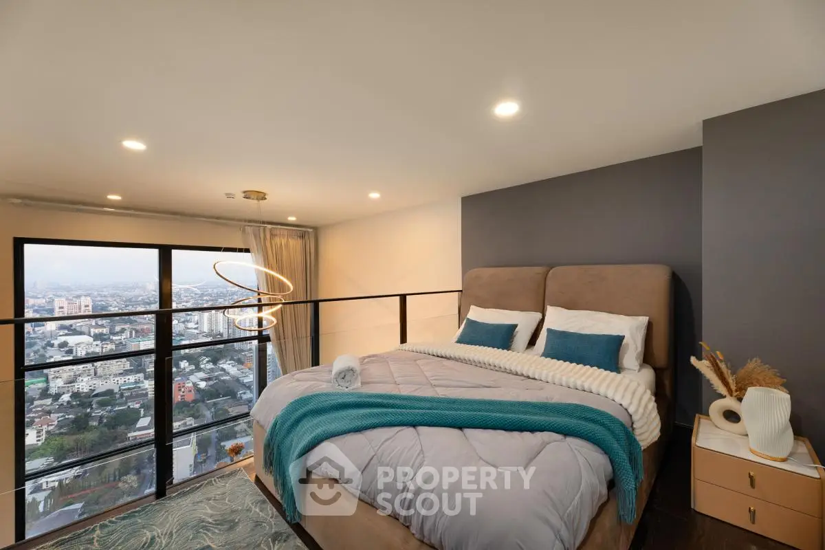 Luxurious bedroom with stunning city view and modern decor