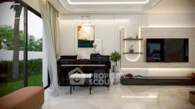 Luxurious living room with piano and modern decor, large window view of lush garden.