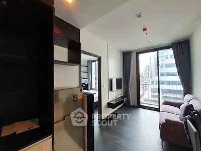 Modern living room with balcony view in urban apartment