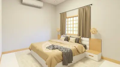 Modern bedroom with stylish decor and natural light