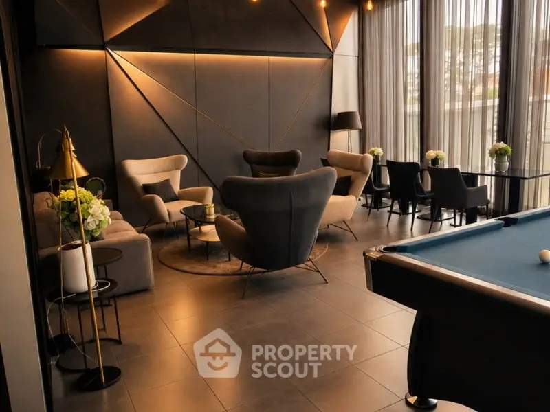 Luxurious modern living room with elegant seating and pool table, perfect for entertaining.