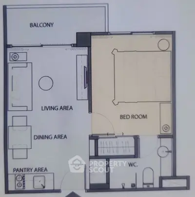Modern apartment floor plan with balcony, living area, bedroom, and pantry layout.