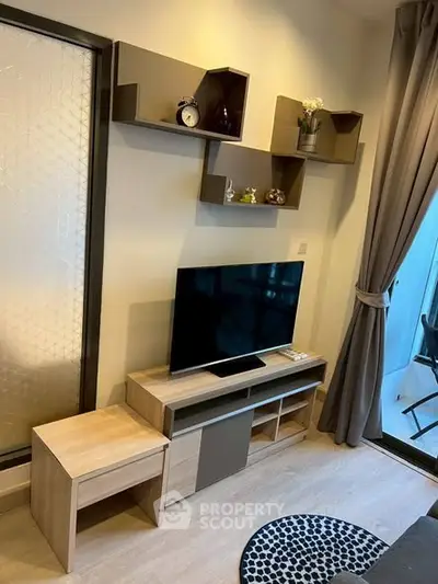 Modern living room with stylish shelving and entertainment center