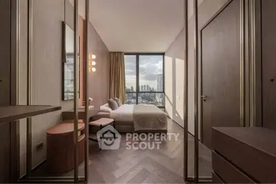 Luxurious bedroom with stunning city view and elegant decor