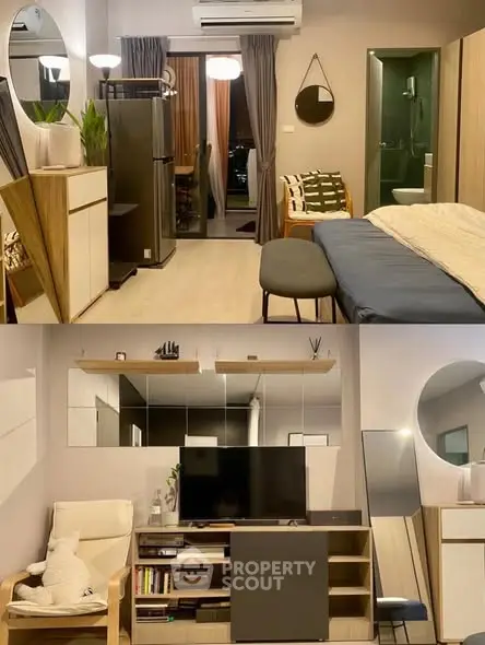 Modern studio apartment with stylish decor and open layout, featuring a cozy living area and compact kitchen.