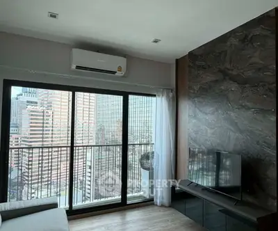 Modern living room with city view and sleek decor