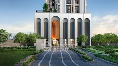 Luxurious modern building entrance with elegant arches and lush landscaping