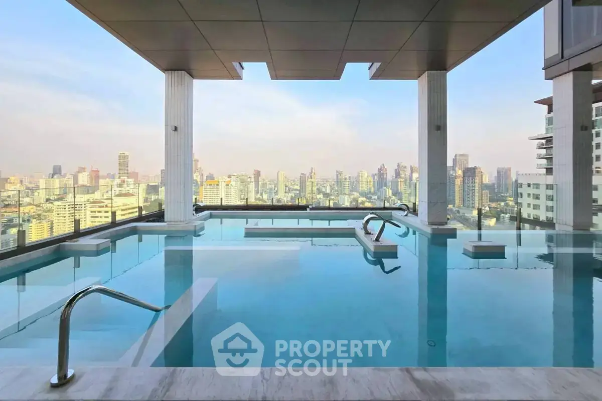 Luxurious rooftop pool with stunning city skyline view, perfect for relaxation and leisure.